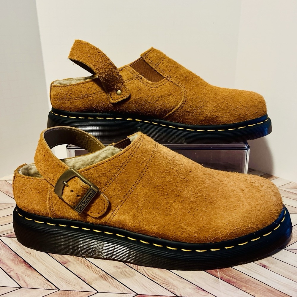 Dr Martens Isham Faux Shearling Suede Slingback Mule M 9 L 10 Pecan Brown Hairy - Picture 1 of 9